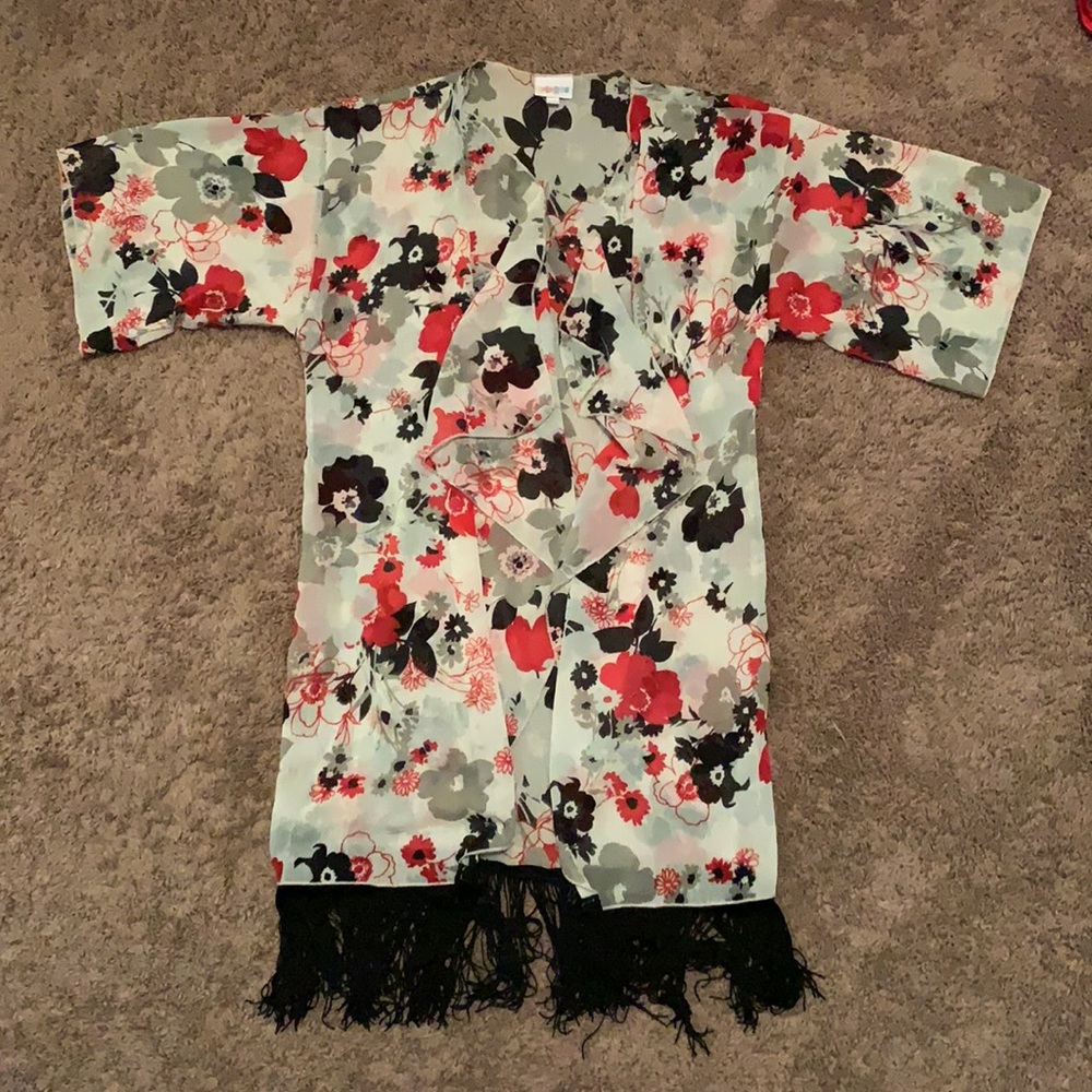 Floral Pattern Kimono with Fringe